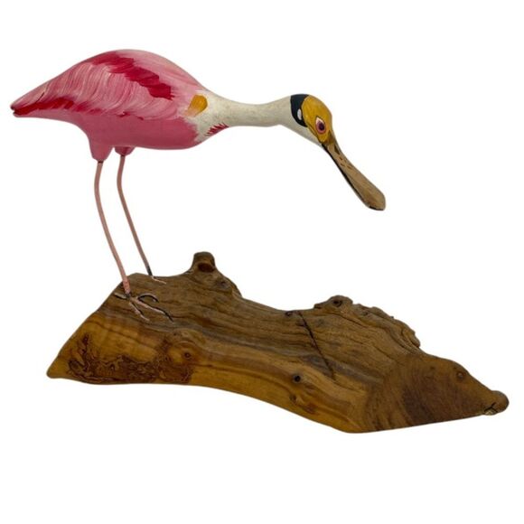 Vintage Roseate Spoonbill Wood Carved Handcrafted Hand Painted On Driftwood - Picture 1 of 12